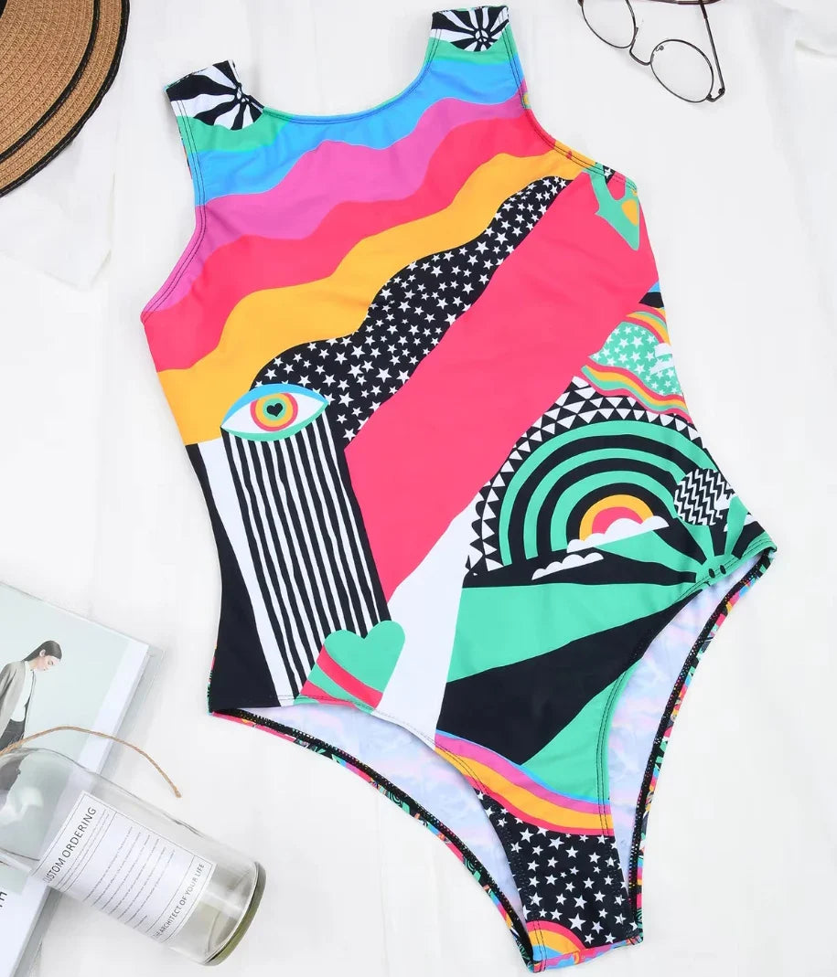 One Piece Swimwear Woman Fashion Abstract Pattern Print Backless Bodysuit Swimsuit Brazilian Beach Bathing Suits