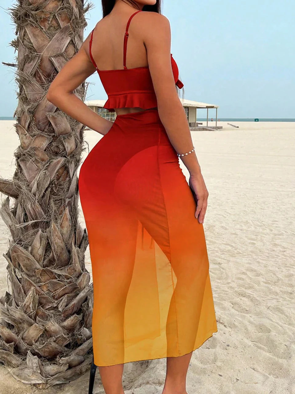 3 Pieces Tie Dye Knot Front Bikinis Women Ruffle Swimwear Female High Waist Swimsuit & Drawstring Beach Skirt Bathing Suit