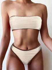 Bandeau High Waist Bikini Women Triangle Swimsuit Stitch Detail Swimwear Padded Bathing Suit Female Solid Beachwear