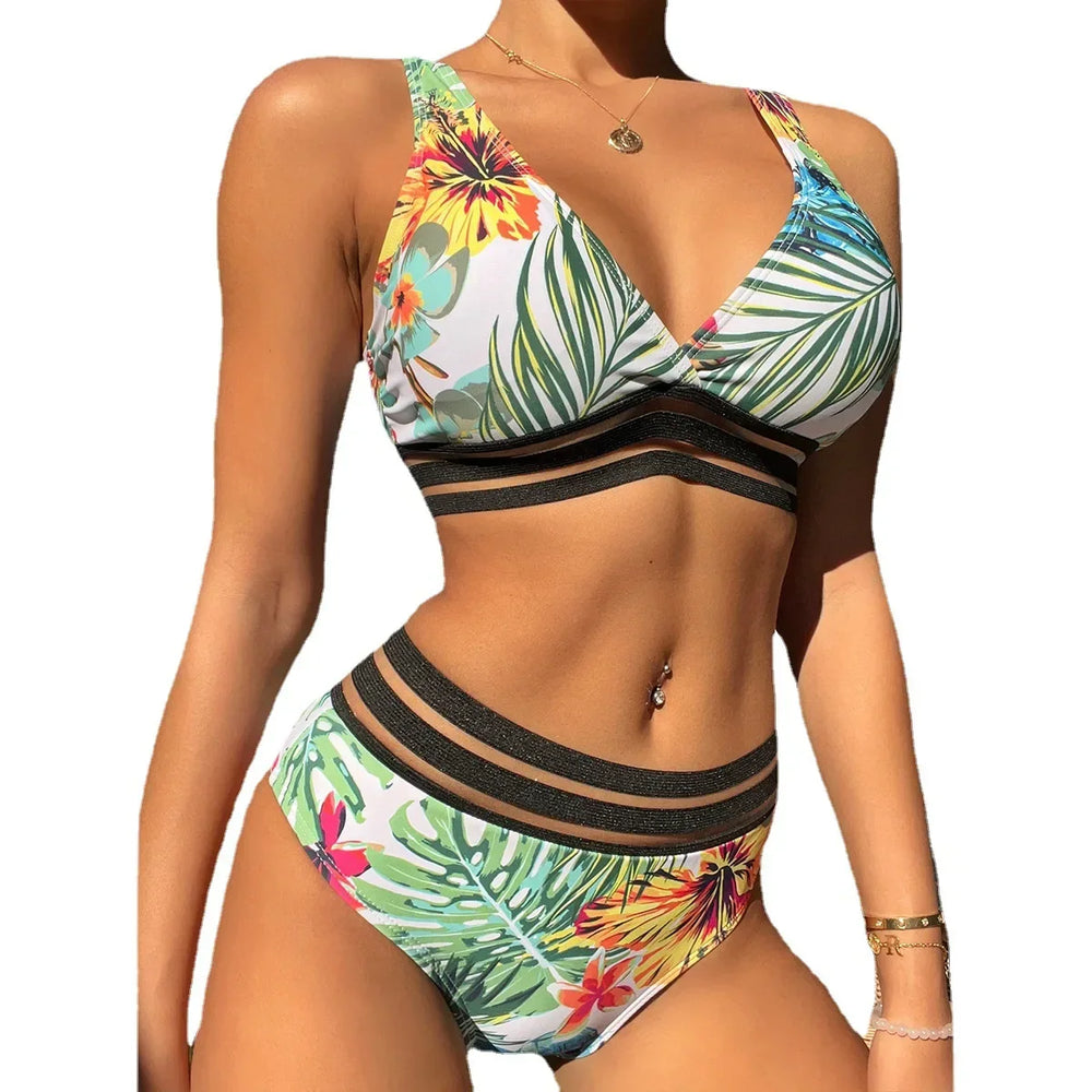 Bikinis Leaves Printed High Waist Two Pieces Bikini Set Swimsuit Female Women Beachwear Swimwear Bather Bathing Suit