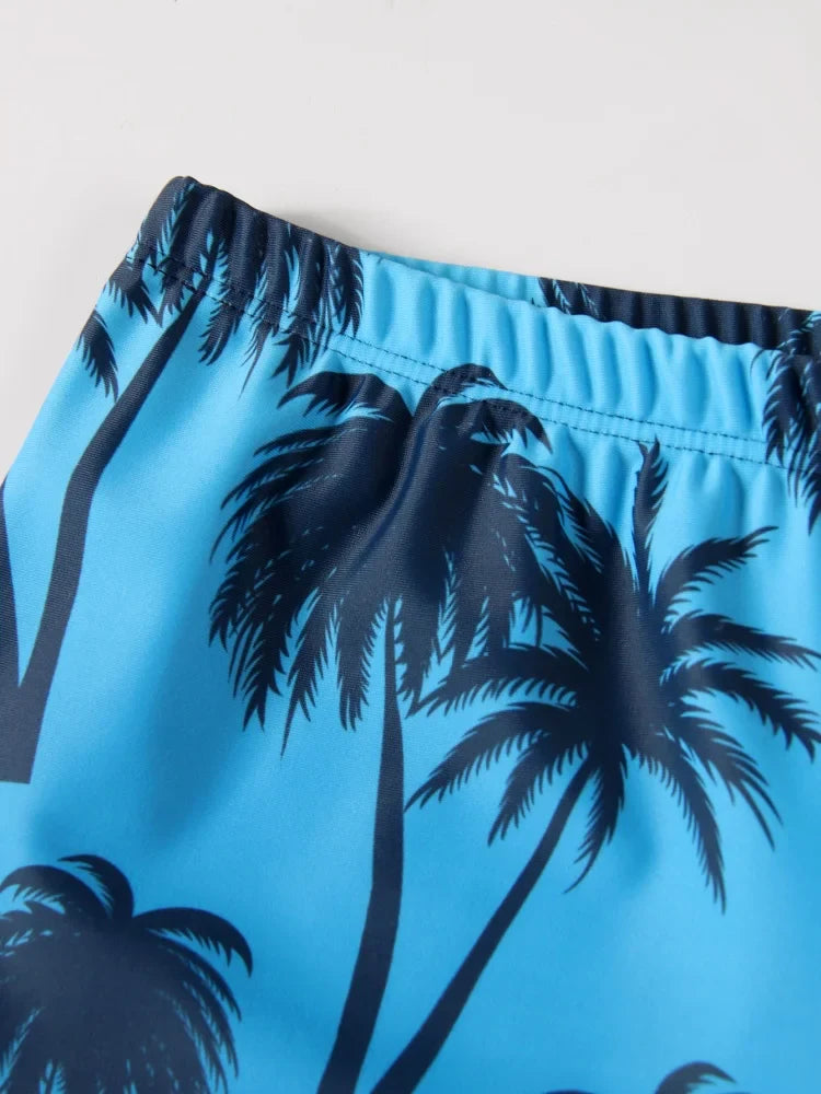 Boy Kids Swimsuit Blue Coconut Tree Long Sleeves Children Swimwear Summer Two Piece Beach Shorts Bathing Suit Swimming
