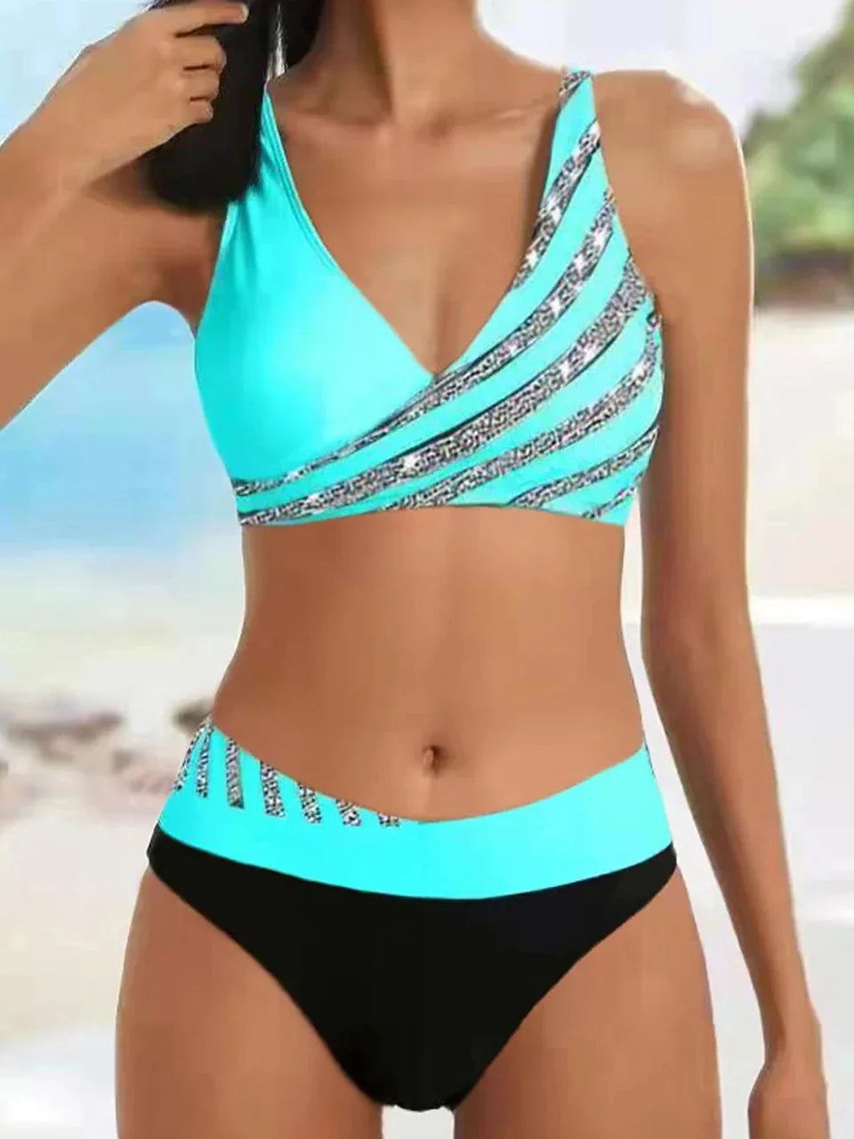 V Neck Bikini Set Women Stripe Print Patchwork Swimwear Summer Beachwear Swimsuit Female Bathers Bathing Swimming Suit 2XL