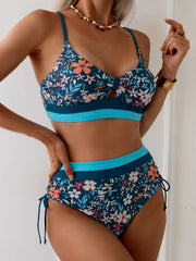 Vintage Blue Floral Print Bikini Women Hollow Out Push Up Drawstring Side High Waist Swimsuit Beach Bathing Suit Swimwear