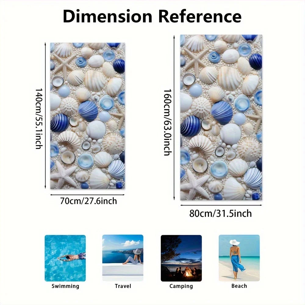 Starfish shell pearl gravel print beautiful beach towel, extra large super soft microfiber bath towel for beach travel