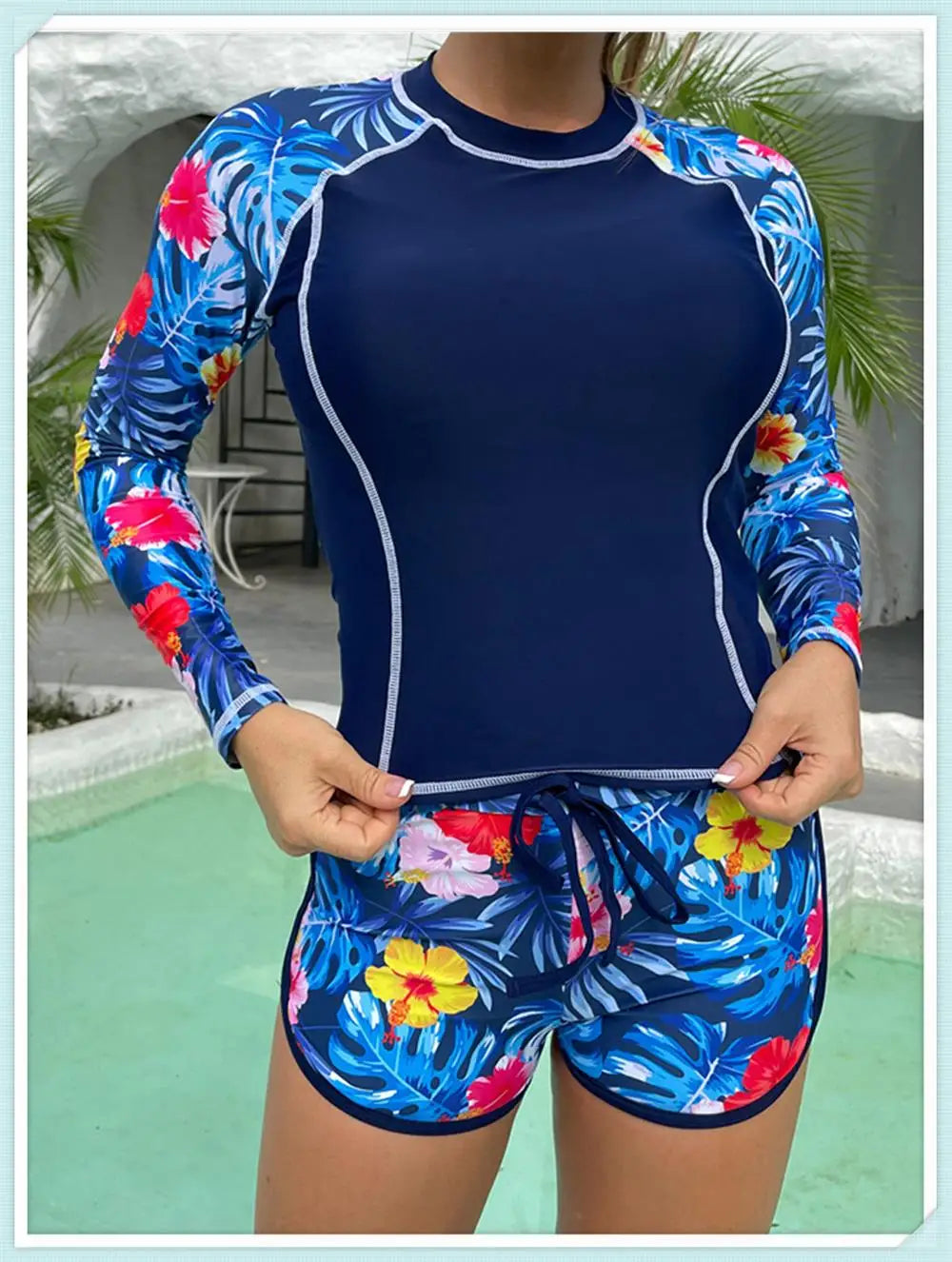 Long Sleeve Rash guard Swimsuit Women Tropical Printed Swimwear Two Pieces Diving Clothes Bathing Suit Surfing Beachwear