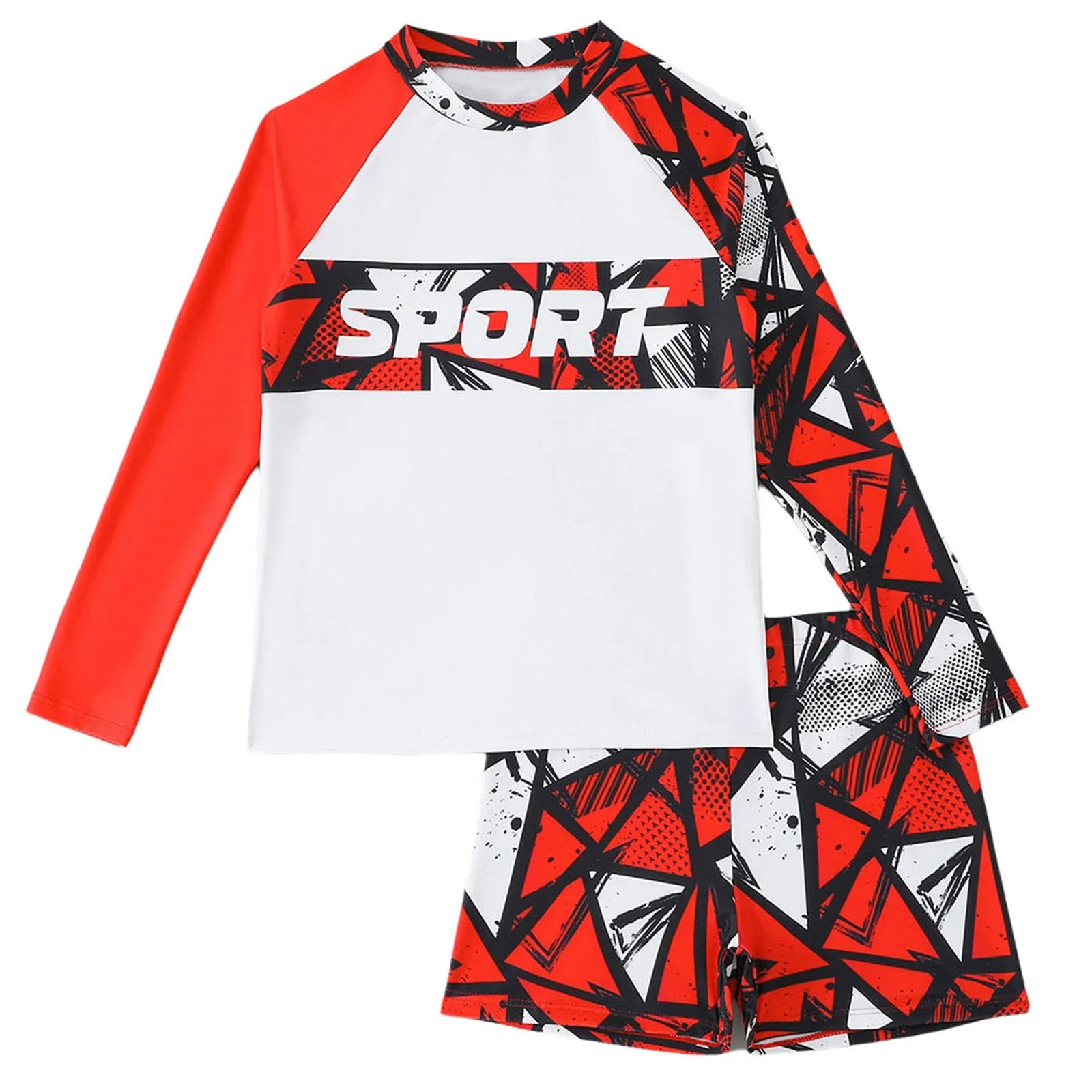 Kids Boys Two-Piece Bathing Suit Coconut Tree/Dinosaur/Geometric Printed Swimsuit Set Swimwear Long Sleeve T-shirt with Shorts