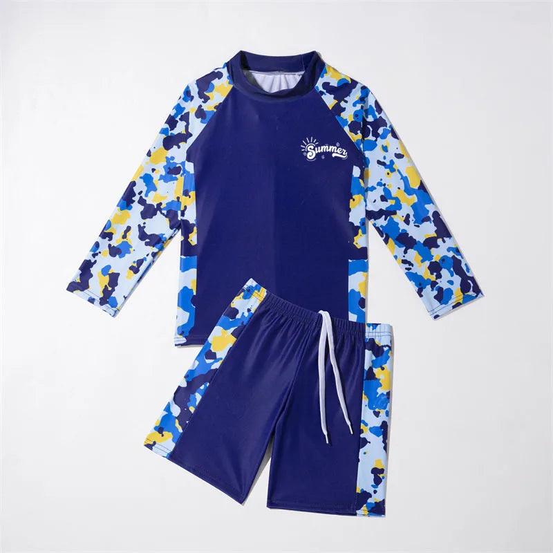 Student Children's Two Pieces Swimsuit Teenage Boys Girls Long Sleeve Top and Shorts Swim Suit Quick Drying  Swimwear Surf Suit