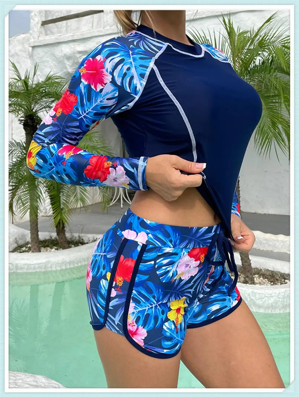 Long Sleeve Rash guard Swimsuit Women Tropical Printed Swimwear Two Pieces Diving Clothes Bathing Suit Surfing Beachwear
