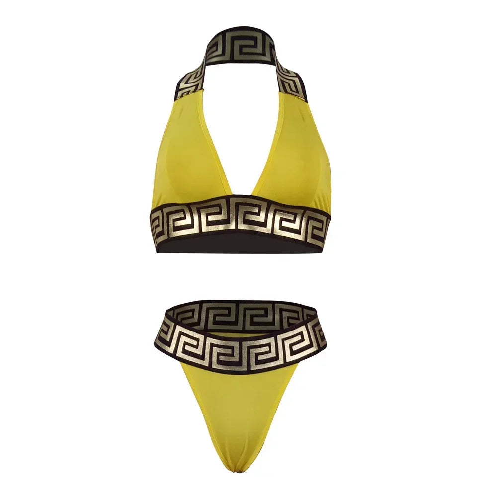Print Black Push Up Bikini Two Pieces Set Women Swimwear Bandage Halter Swimsuit Bathing Suit